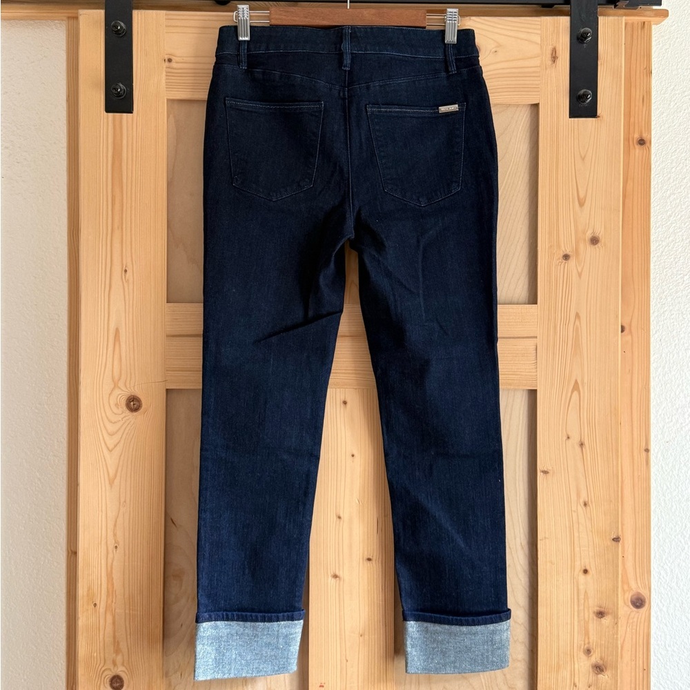 Dark Blue Women's Jeans with gold sparkle detail on bottom - Picture 2 of 6